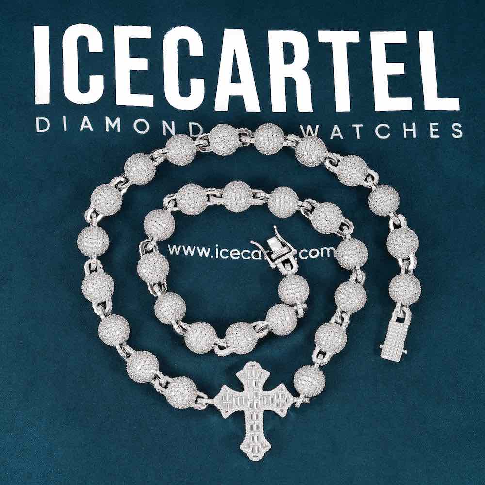 10MM Moissanite baguette cross beads link chain