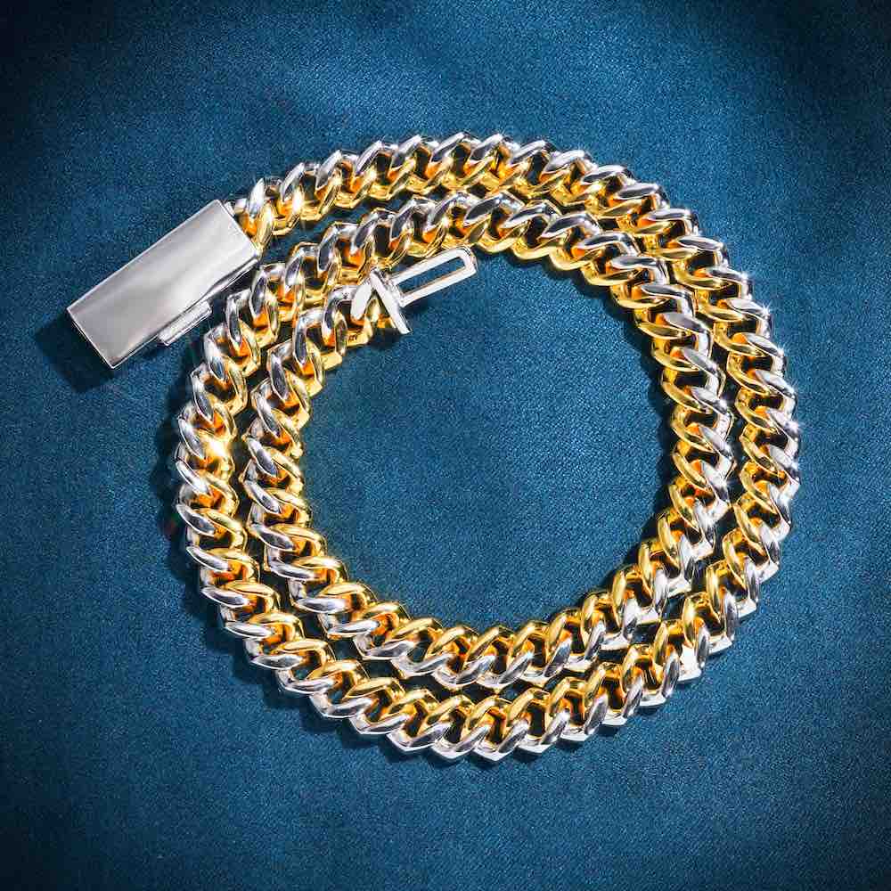 10MM Split Two Tone Moissanite Cuban Link Chain 14K Gold backside