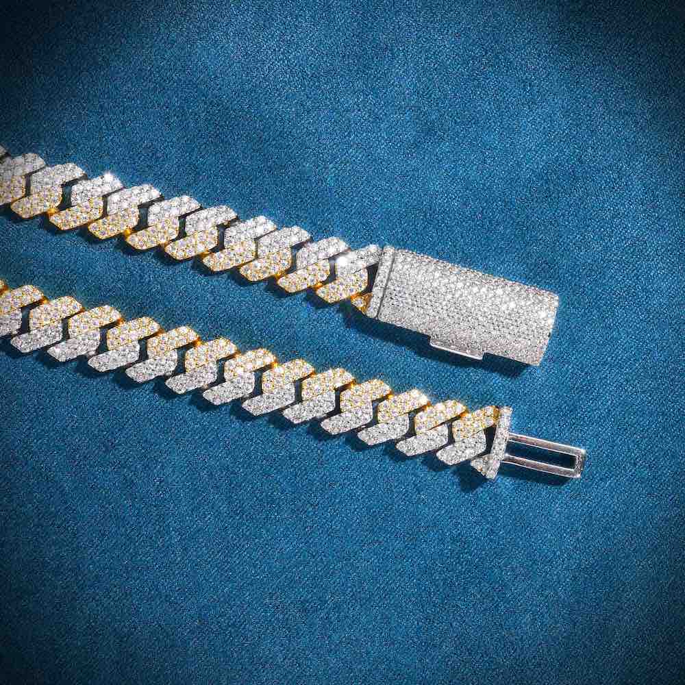 10MM Split Two Tone Moissanite Cuban Link Chain 14K Gold closeup