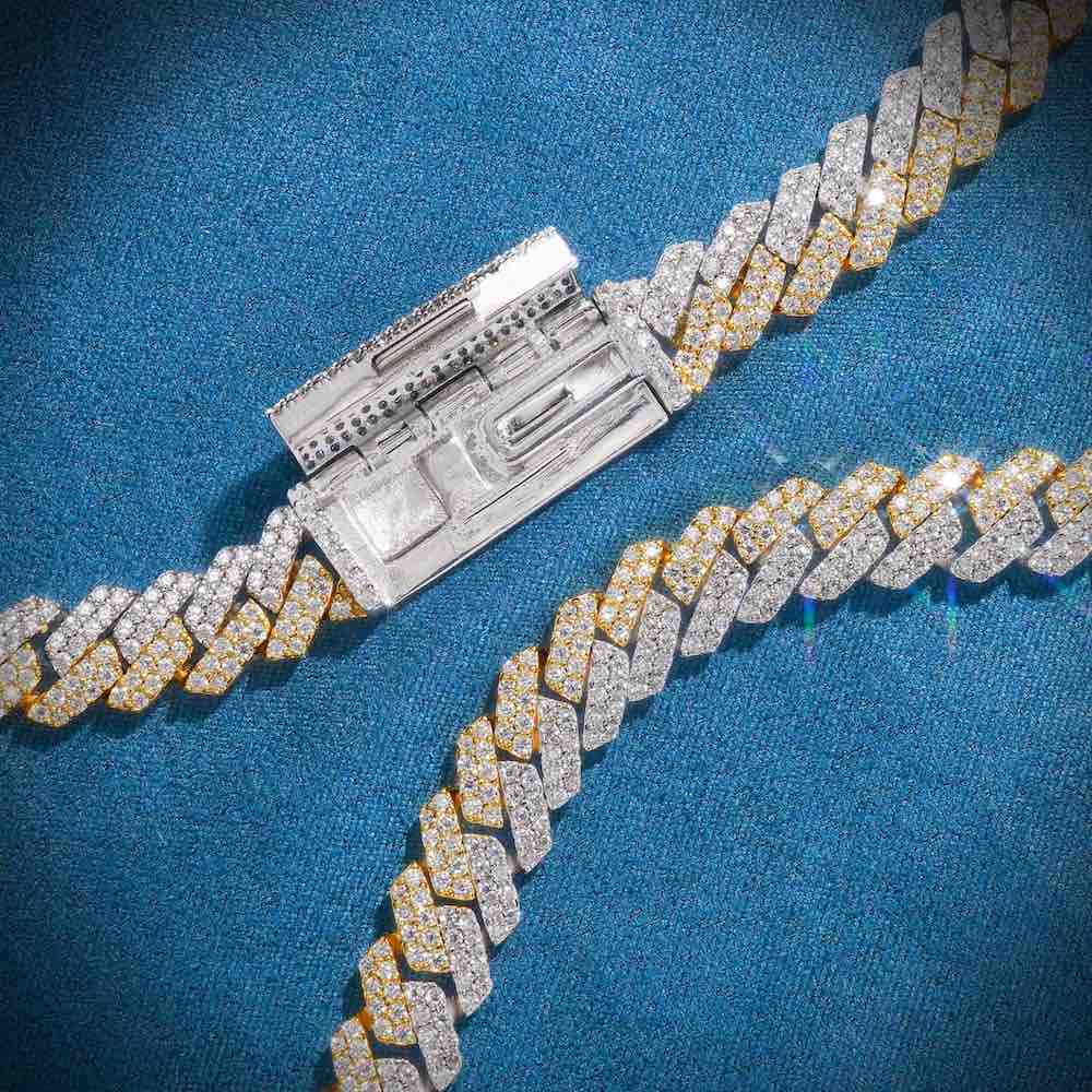 10MM Split Two Tone Moissanite Cuban Link Chain 14K Gold clasp