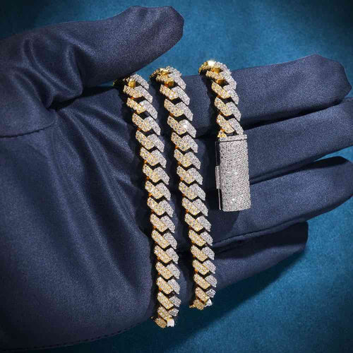 10MM Split Two Tone Moissanite Cuban Link Chain 14K Gold hand