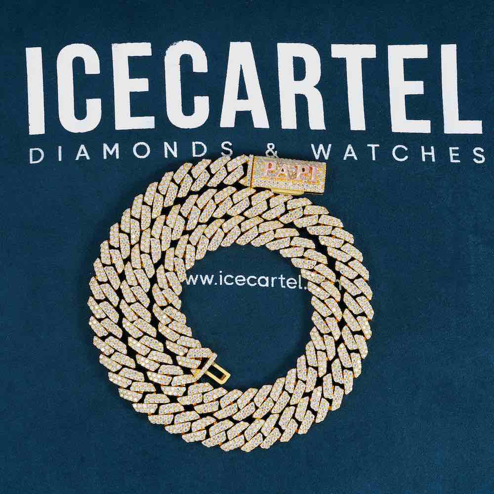 10MM 2 row custom clasp moissanite cuban link chain yellow gold velvet