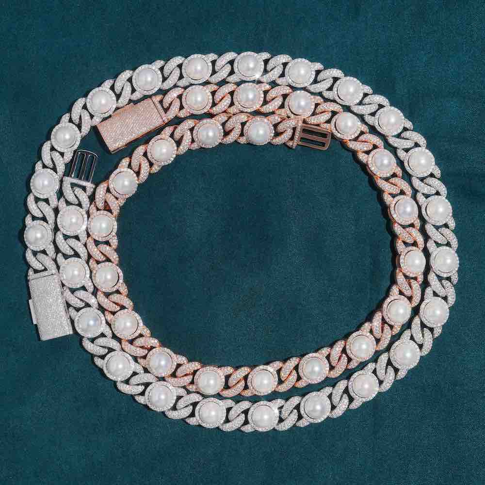 10mm iced out pearl diamond cuban link chain close