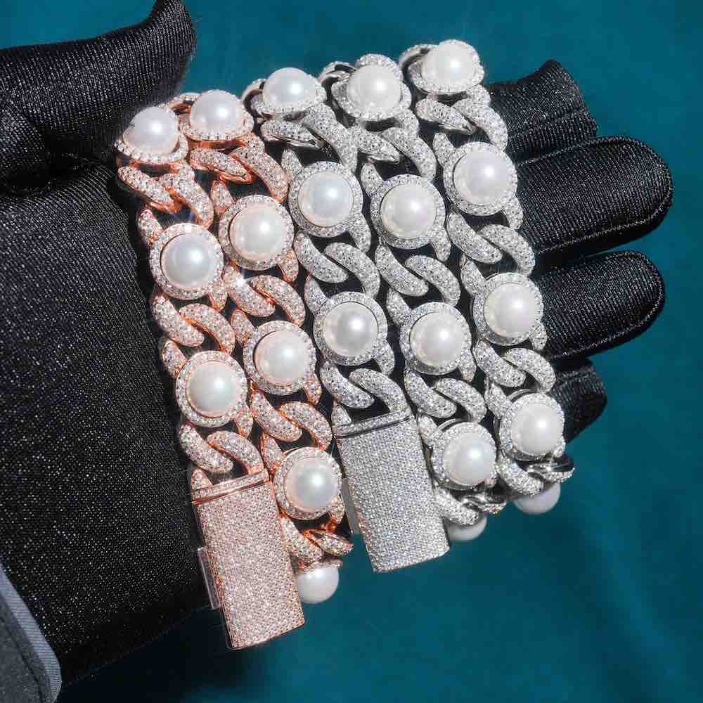 10mm iced out pearl diamond cuban link chain close hand