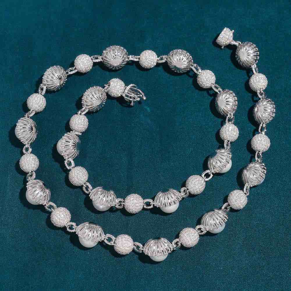 10mm moissanite ball link pearl chain white gold