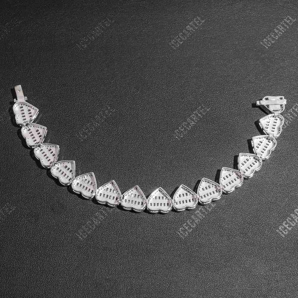 13MM iced oit heart tennis bracelet 14K gold 925 silver backside
