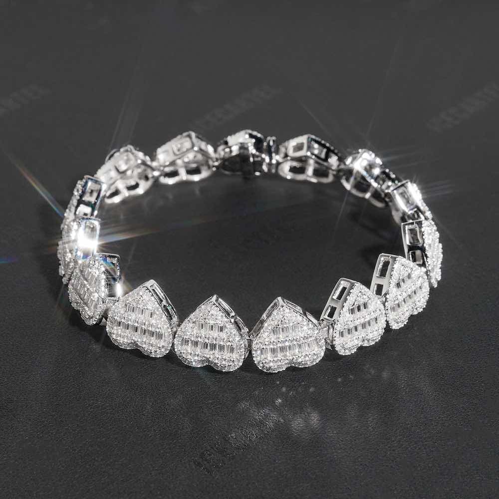 13MM iced oit heart tennis bracelet 14K gold 925 silver closeup