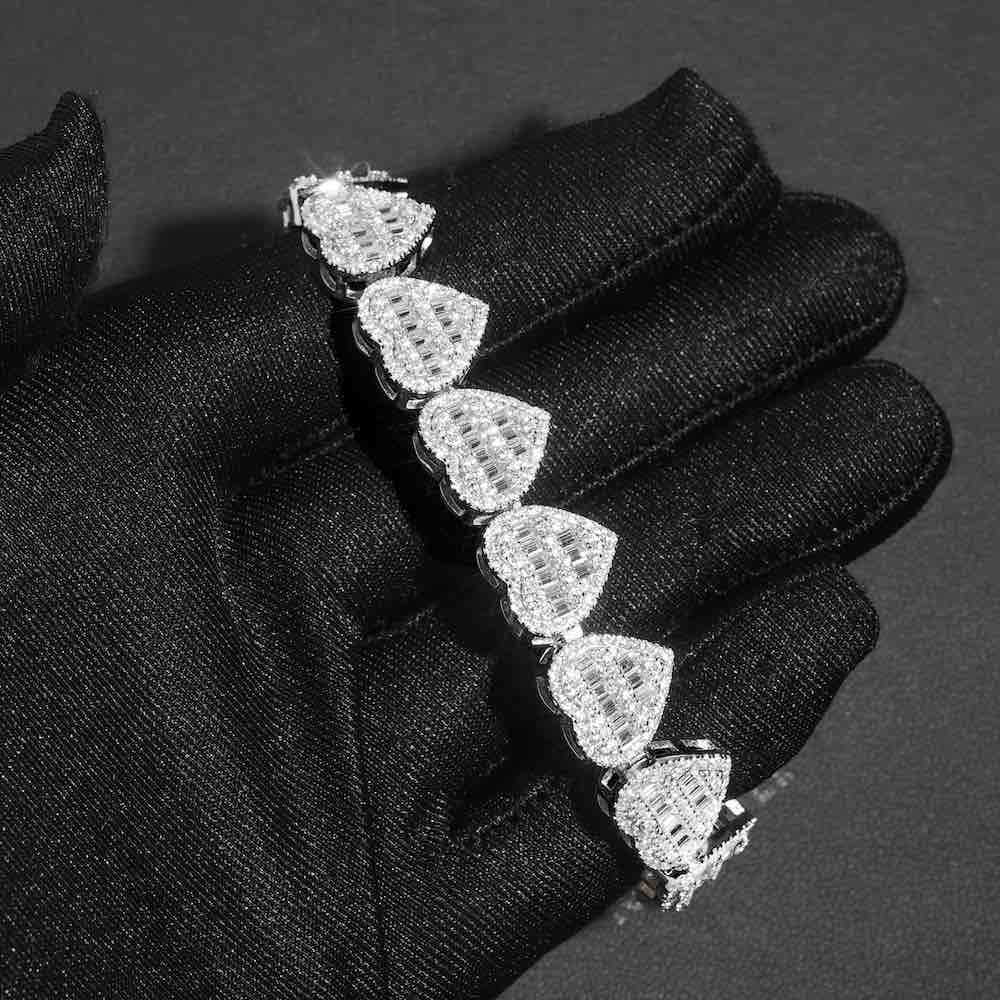 13MM iced oit heart tennis bracelet 14K gold 925 silver hand