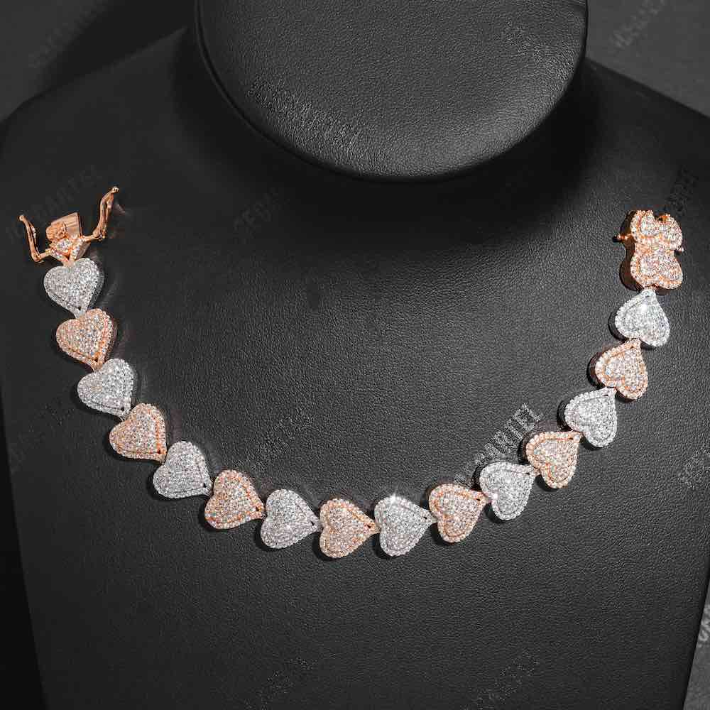 13mm iced out two tone heart tennis bracelet 14k gold neck