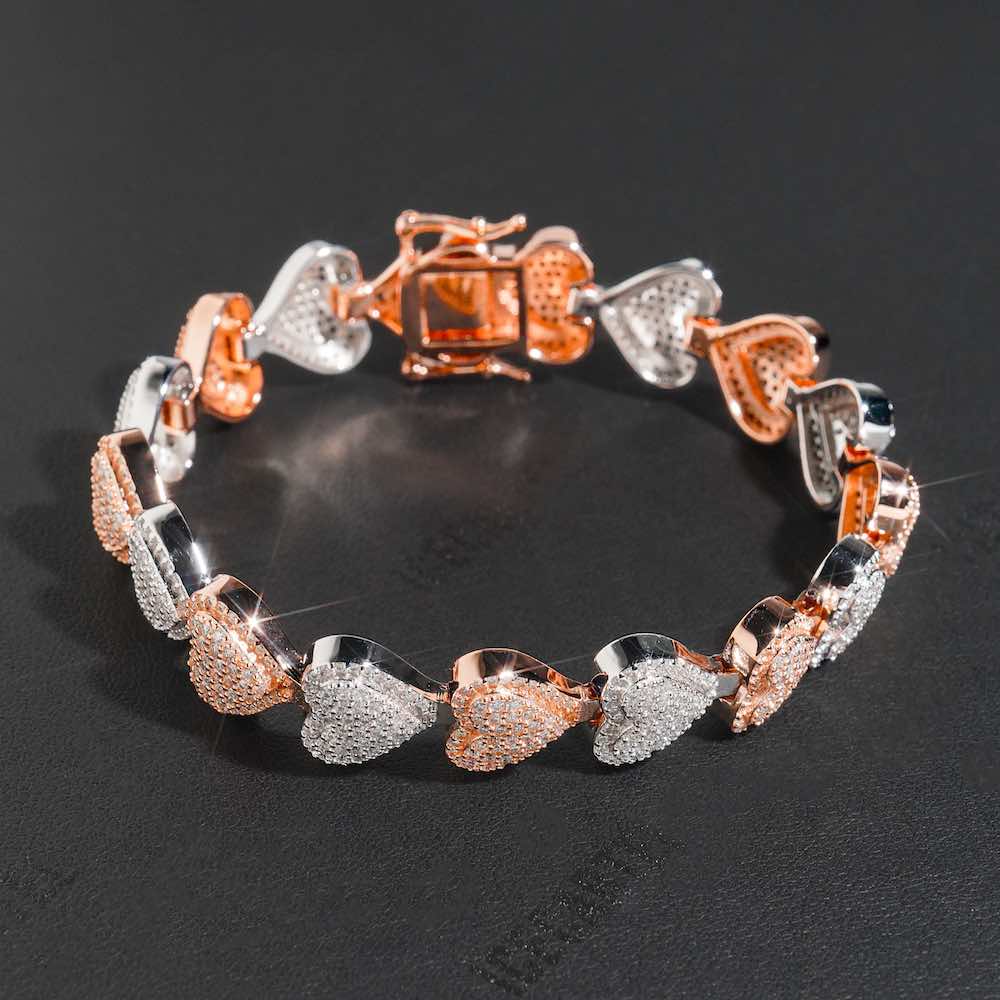 13mm iced out two tone heart tennis bracelet 14k gold side