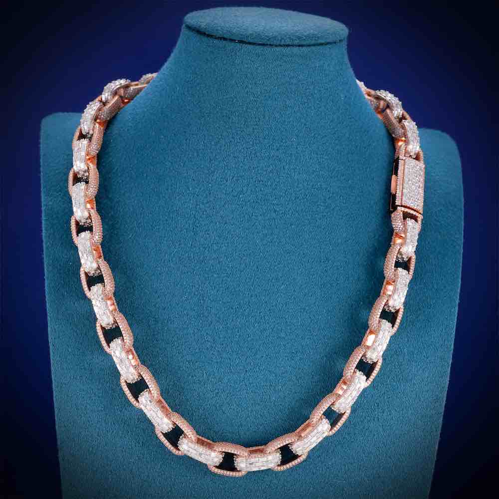 15MM Iced Out Cable Link Chain 14K Two Tone Neck