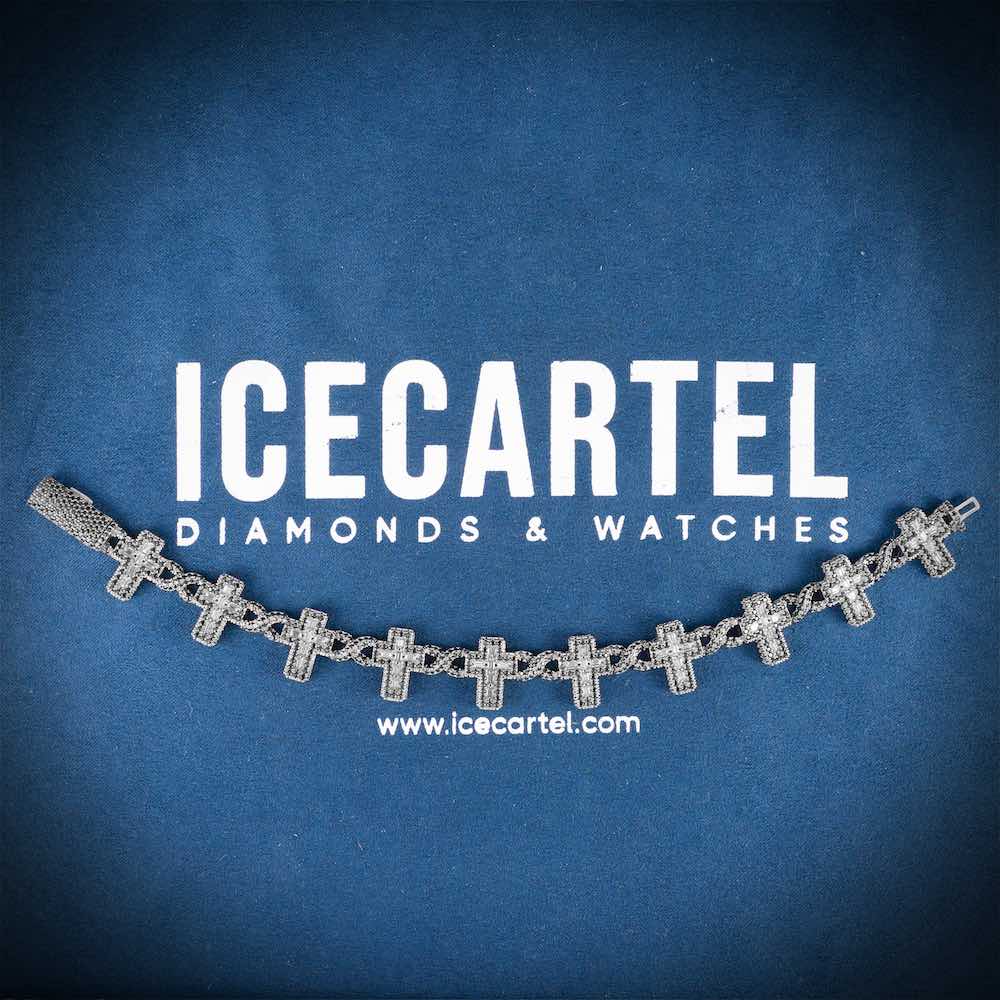 15MM Iced Out Black Moissanite Cross Link Bracelet 14K Gold Velvet