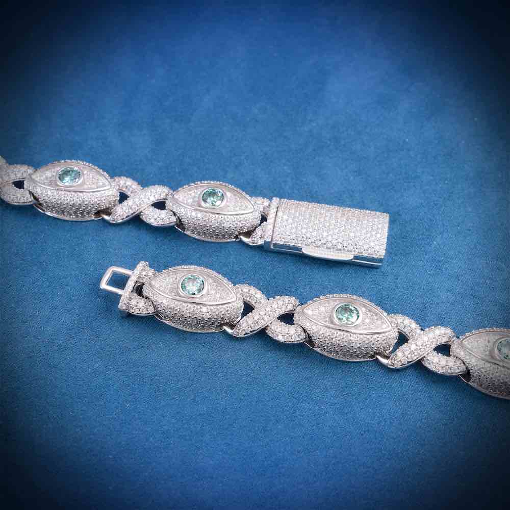 15MM Iced Out Blue Gemstone Evil Eye Eternity Chain 14K Gold Clasp