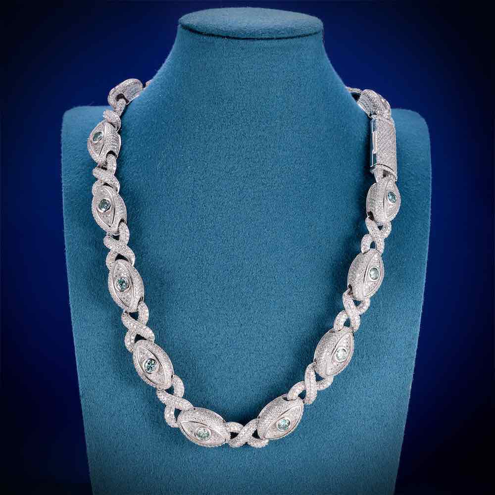 15MM Iced Out Blue Gemstone Evil Eye Eternity Chain 14K Gold Neck