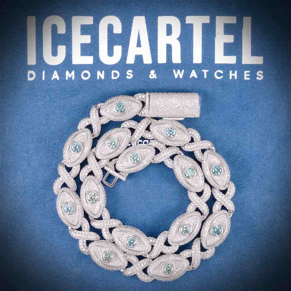 15MM Iced Out Blue Gemstone Evil Eye Eternity Chain 14K Gold Velvet
