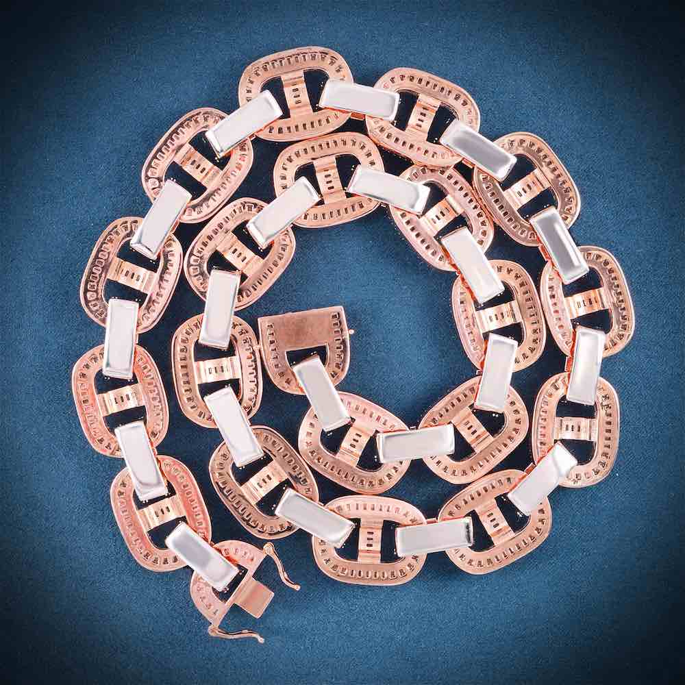 15MM Two-Tone Baguette Mariner Link Chain 14K Gold Backside