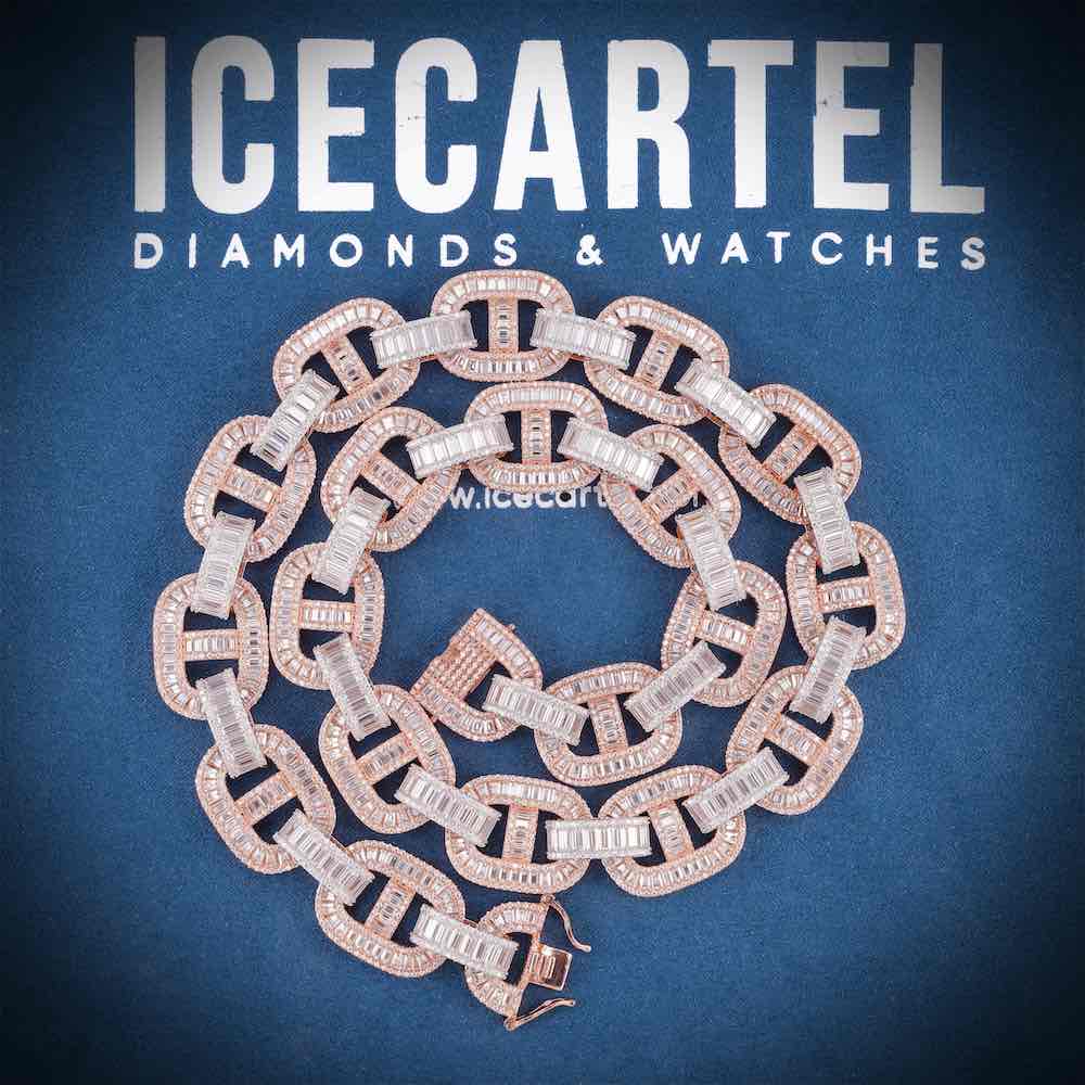 15MM Two-Tone Baguette Mariner Link Chain 14K Gold Velvet