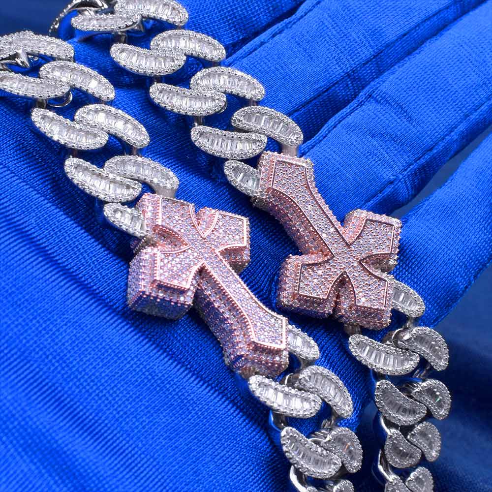15mm moissanite baguette cross custom moissanite cuban link chain hand