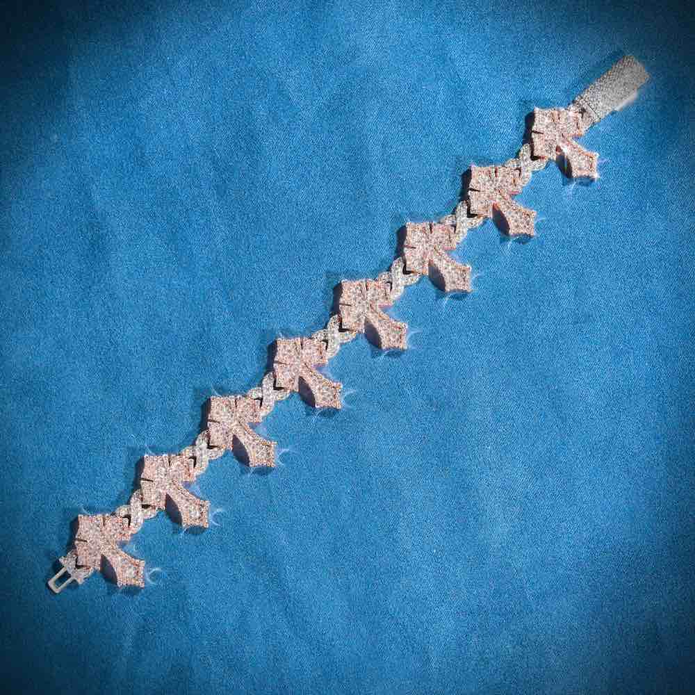 16MM Iced Out Cross Bracelet 14K Two Tone full