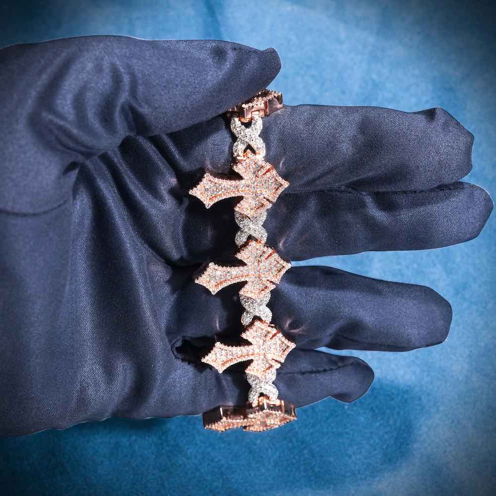 16MM Iced Out Cross Bracelet 14K Two Tone hand