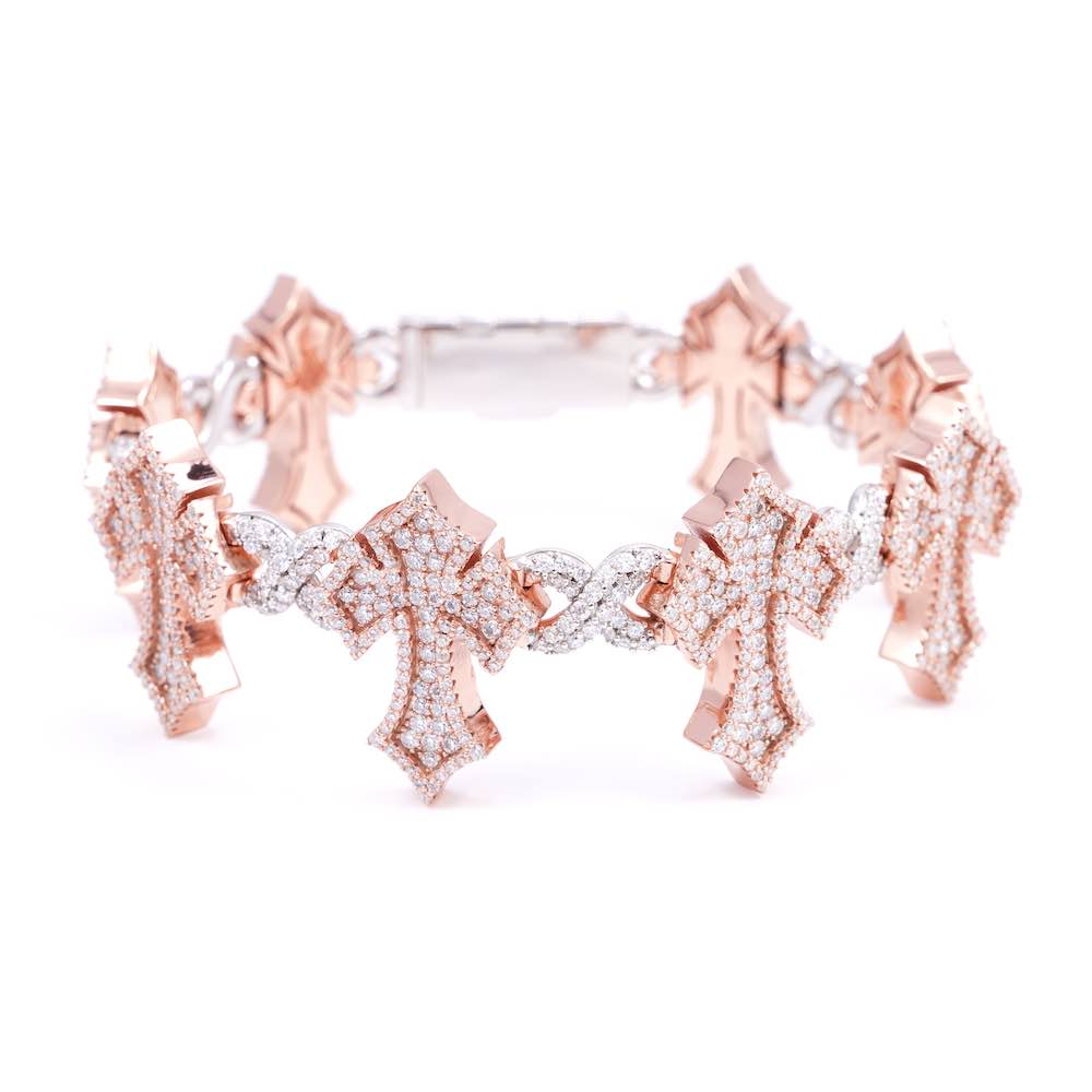 16MM Iced Out Cross Bracelet 14K Two Tone white