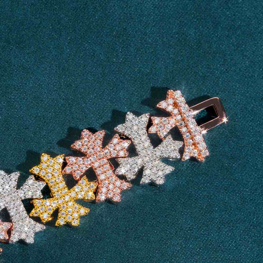16MM cross link moissanite bracelet three tone close