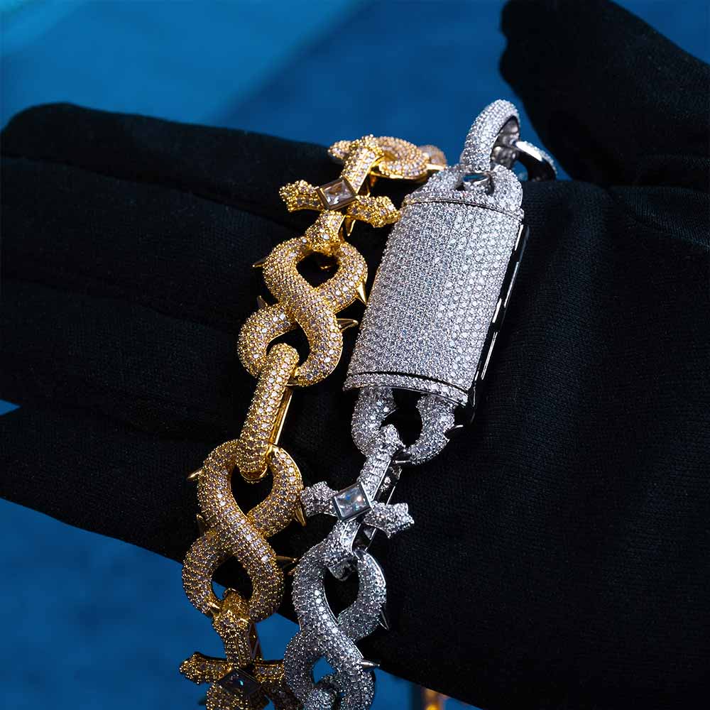16mm moissanite cross infinity link chain necklace in hand