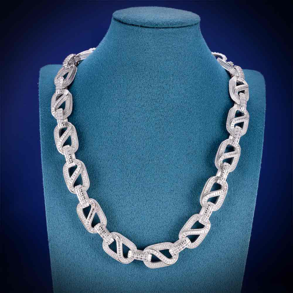 18.5MM Iced Out Baguette Mariner Link Chain 14K Gold Neck
