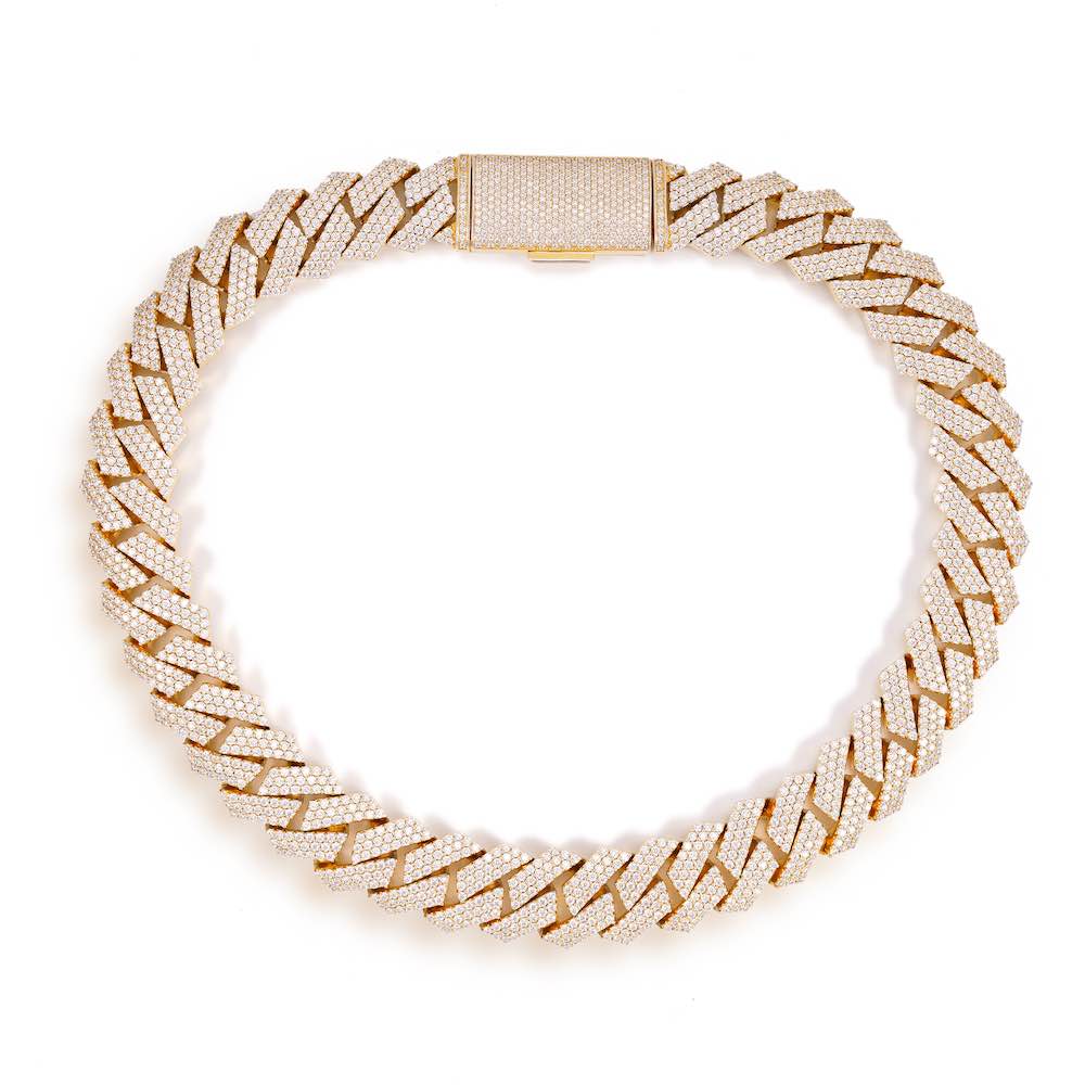 18MM 3-Row Diamond Cuban Chain 14K Solid Yellow Gold Full