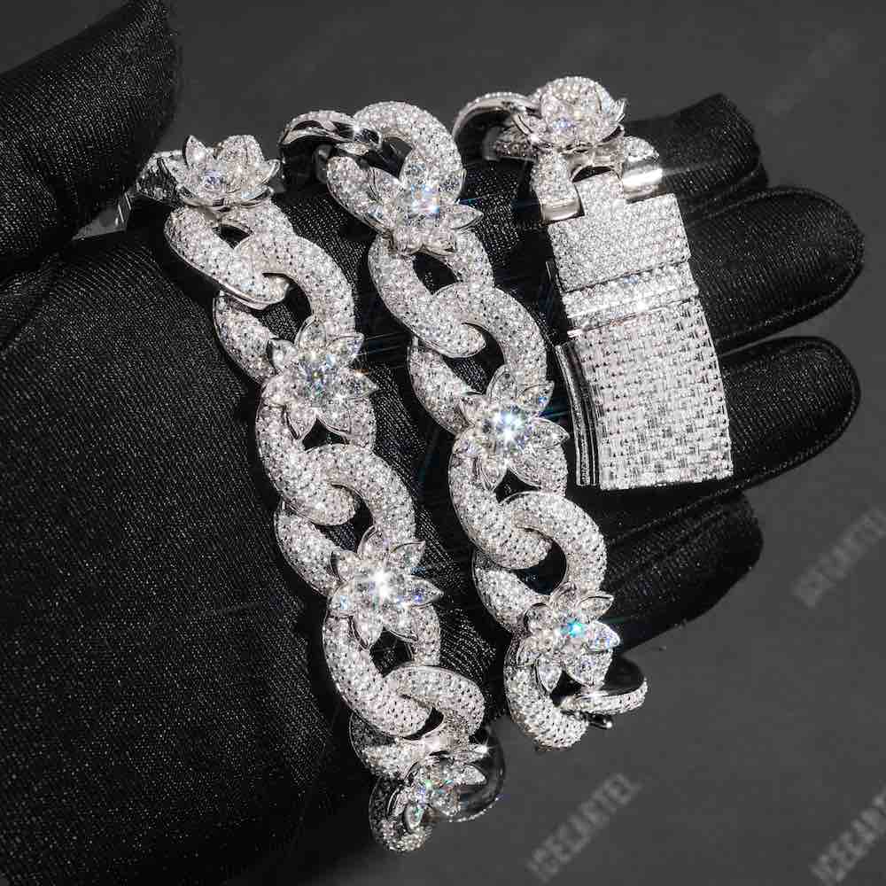 18MM iced out flower miami cuban link chain hand