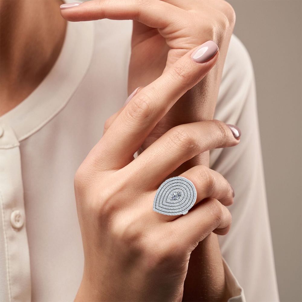 5-Row Pear Cluster Moissanite Engagement Ring hand