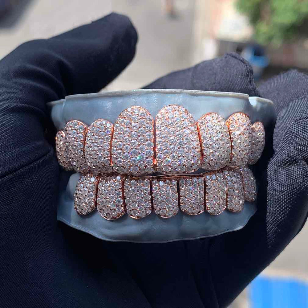 Rose Gold Perm Cut Custom Diamond Grillz hand outside front