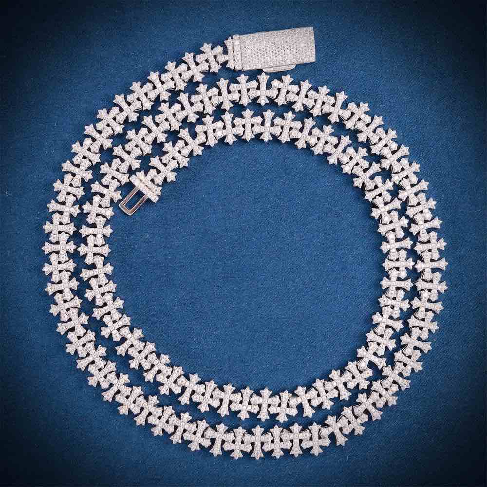 8.5MM Iced Out Cross Link Chain 14K Gold