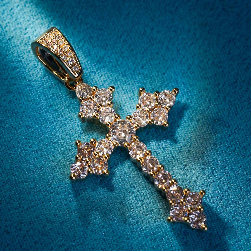 925 silver vvs moissanite budded cross pendant 14k yellow gold close icecartel
