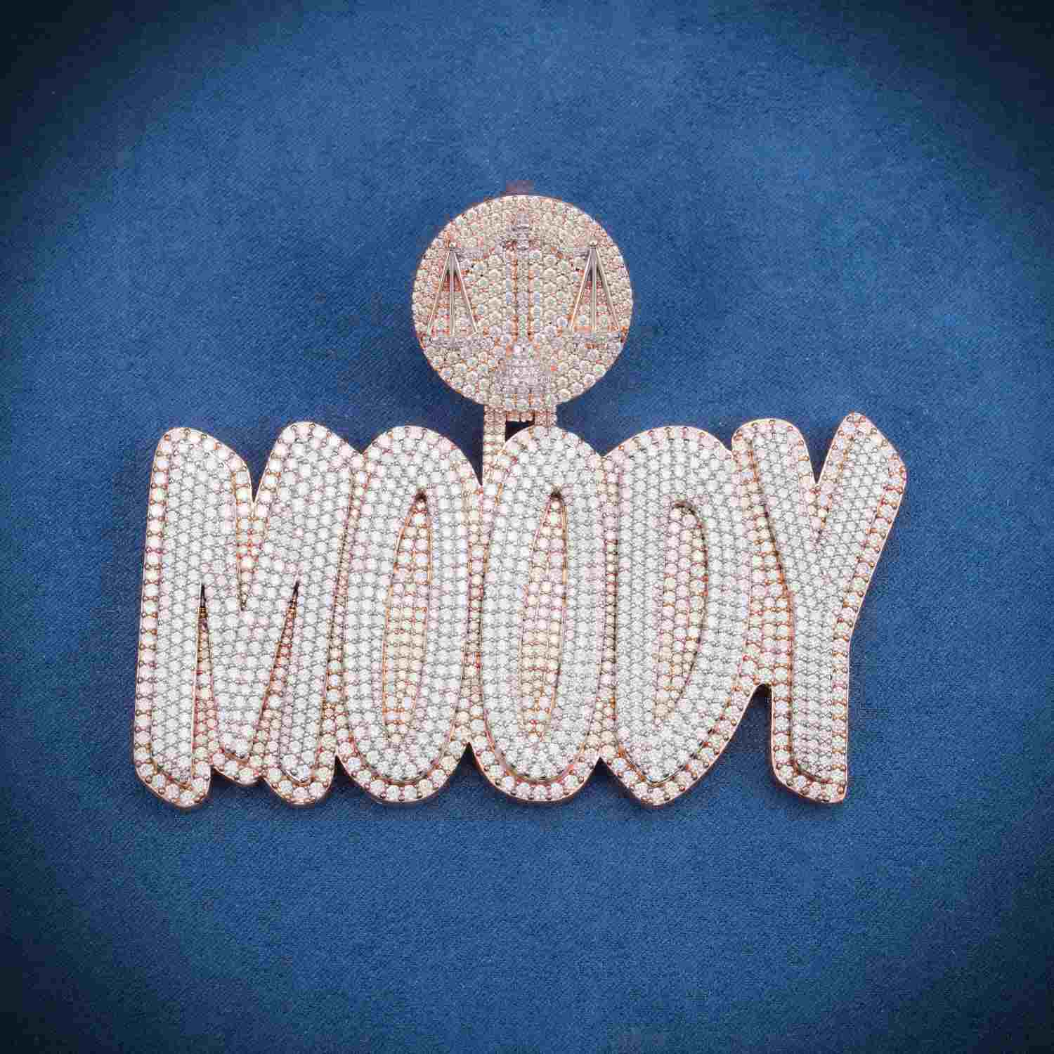 "MOODY" Custom Moissanite Name Pendant 14k Gold 1