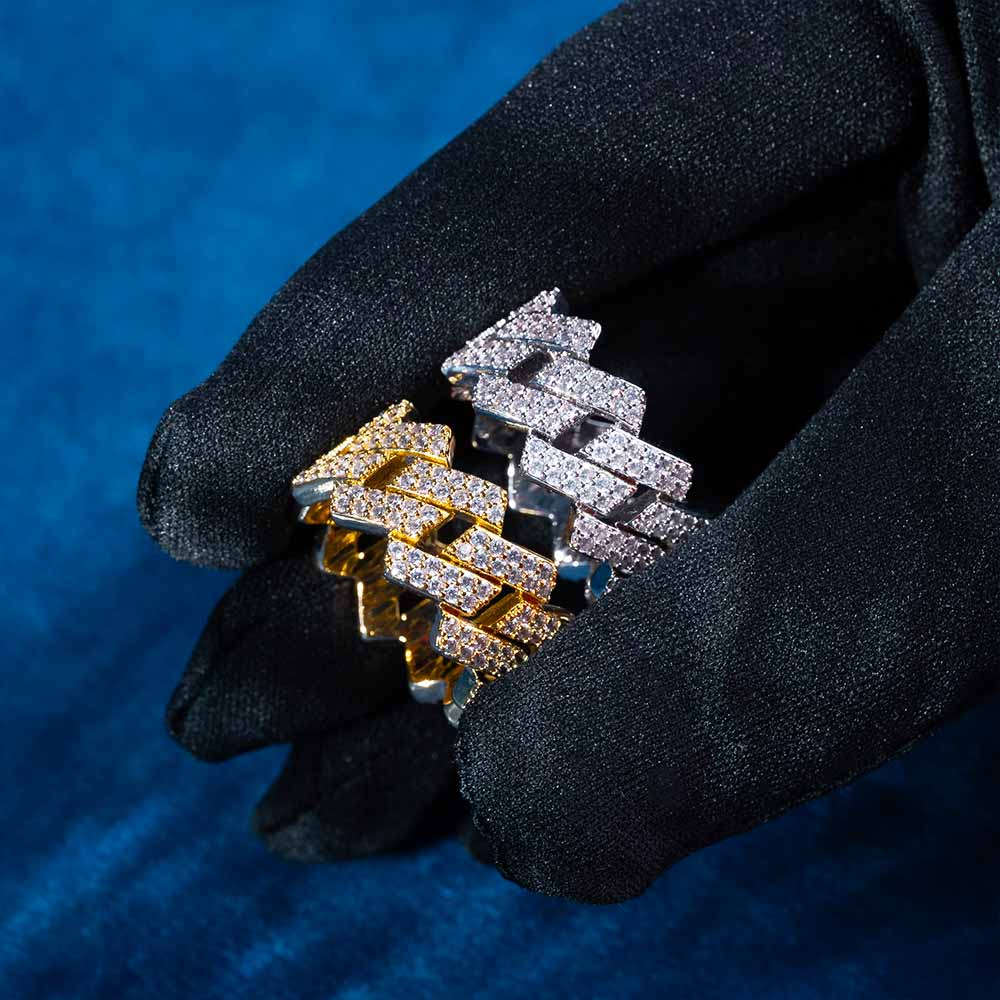 Mens moissanite cuban link ring iced out in hand