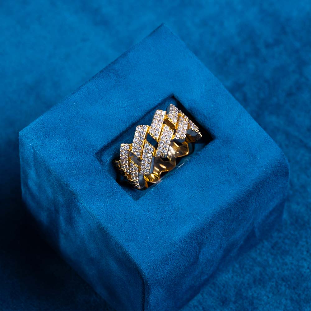 Mens moissanite cuban link ring yellow gold