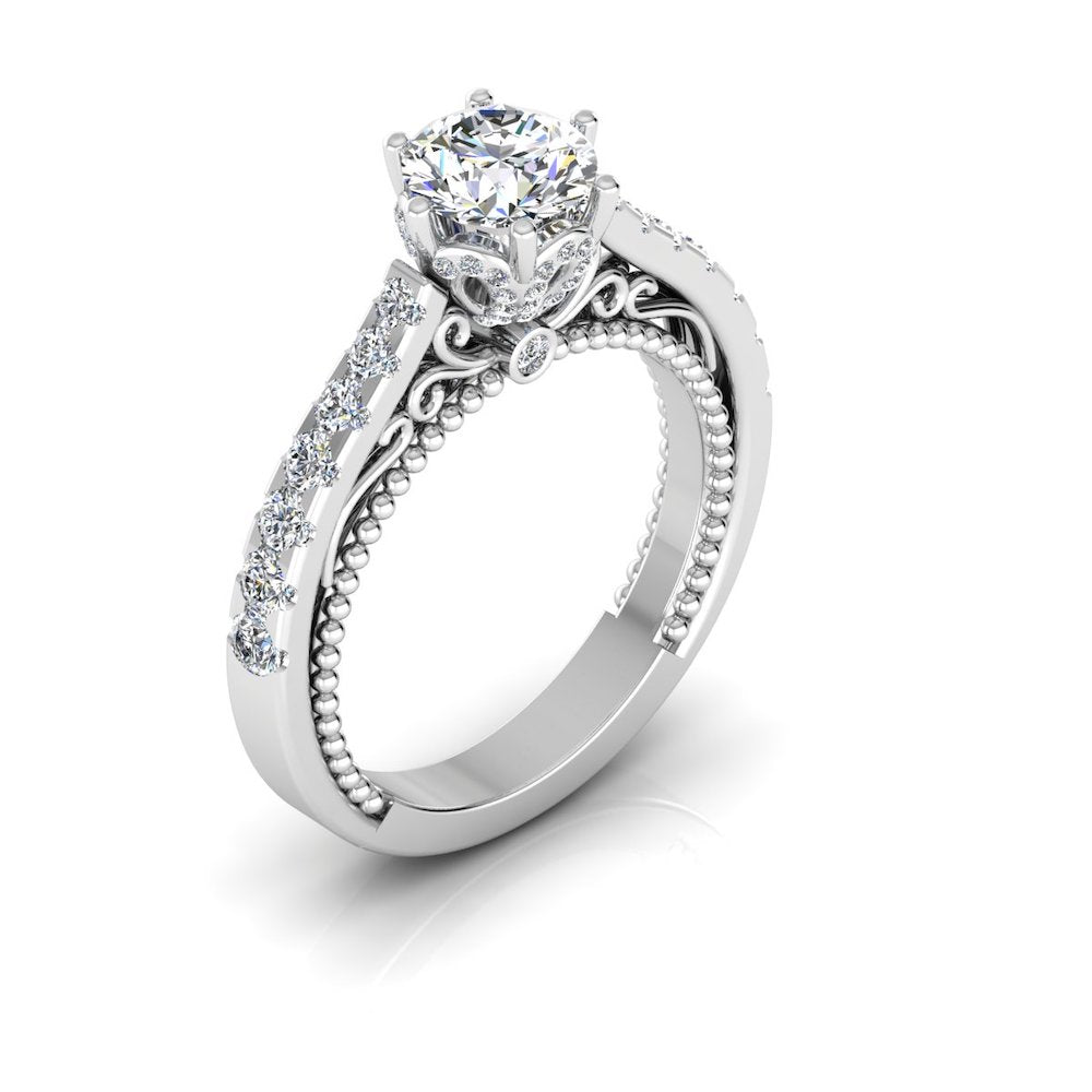 Antique Style Cathedral Hidden Halo Moissanite Engagement Ring