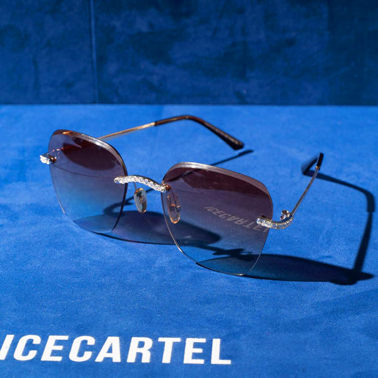 back mens vvs moissanite rimless aviator sunglasses 14k white gold Burgundy & Clear