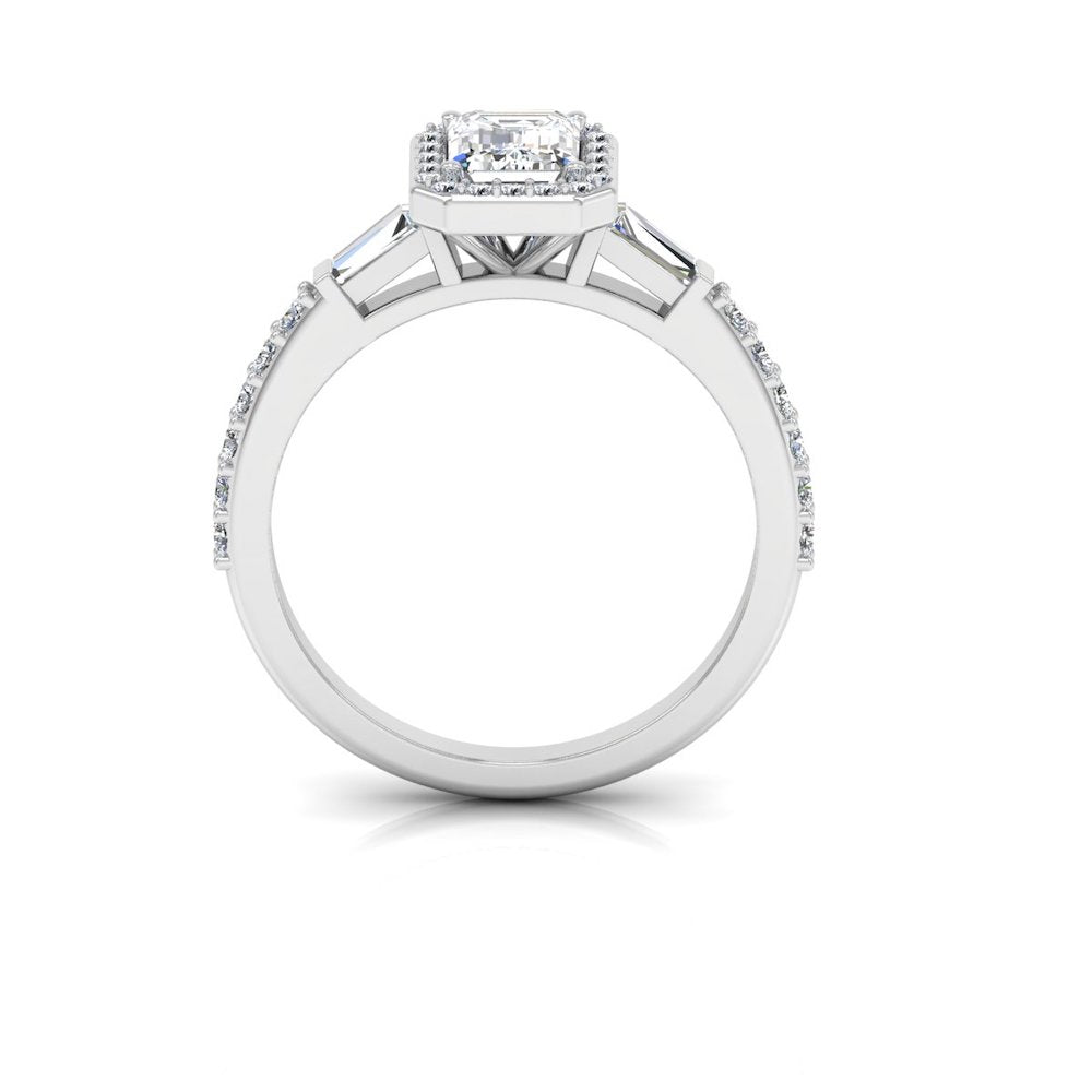 Baguette & Round Cut Halo Moissanite Engagement Ring full
