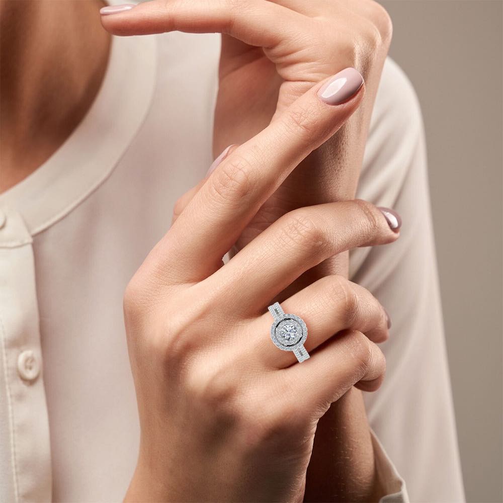 Brilliant Cut Double Halo Split Shank Moissanite Engagement Ring hand