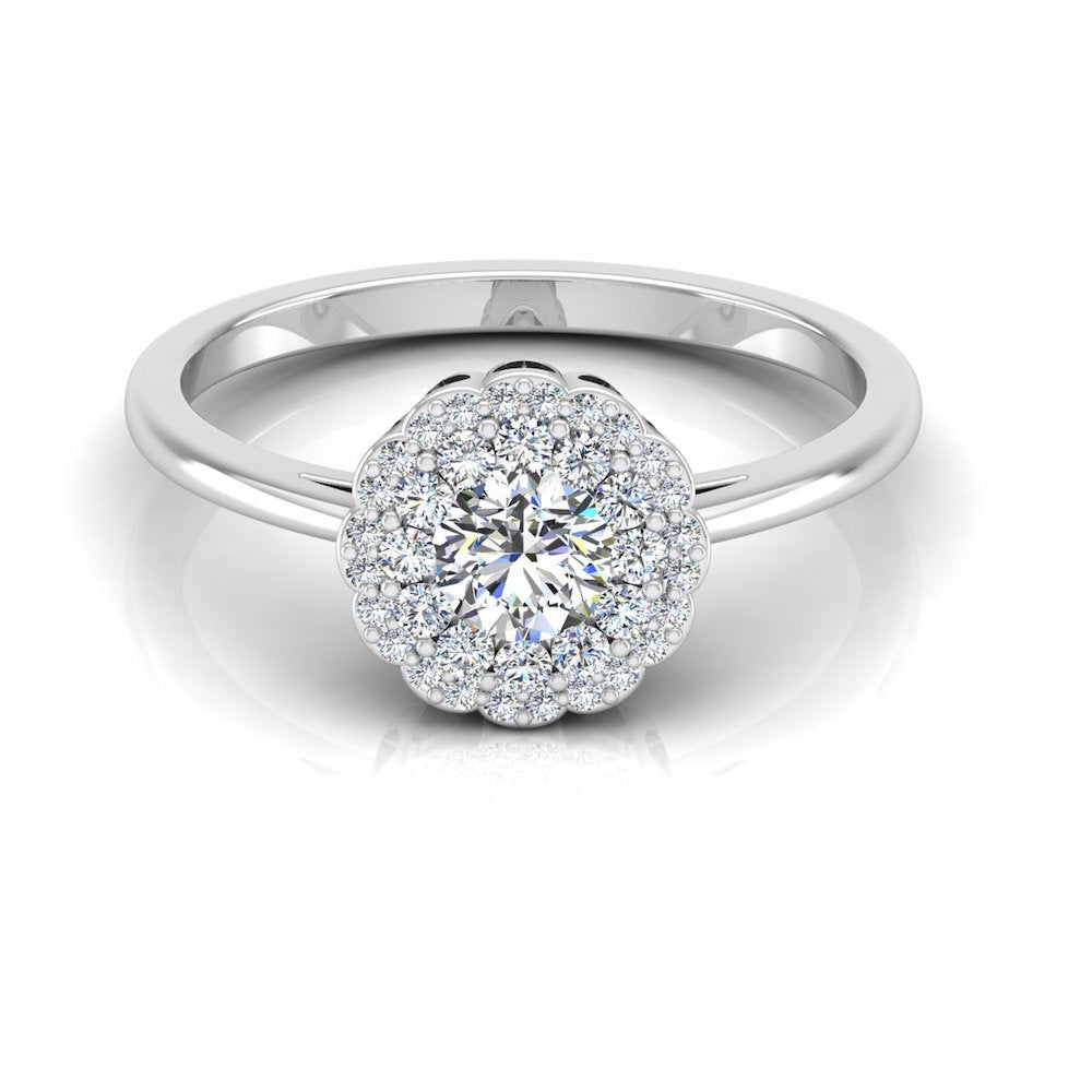 Brilliant Cut Floral Halo Petite Moissanite Engagement Ring front