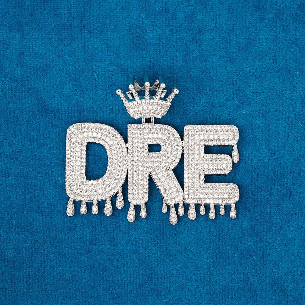 custom drippy letters crown pendant close up 1