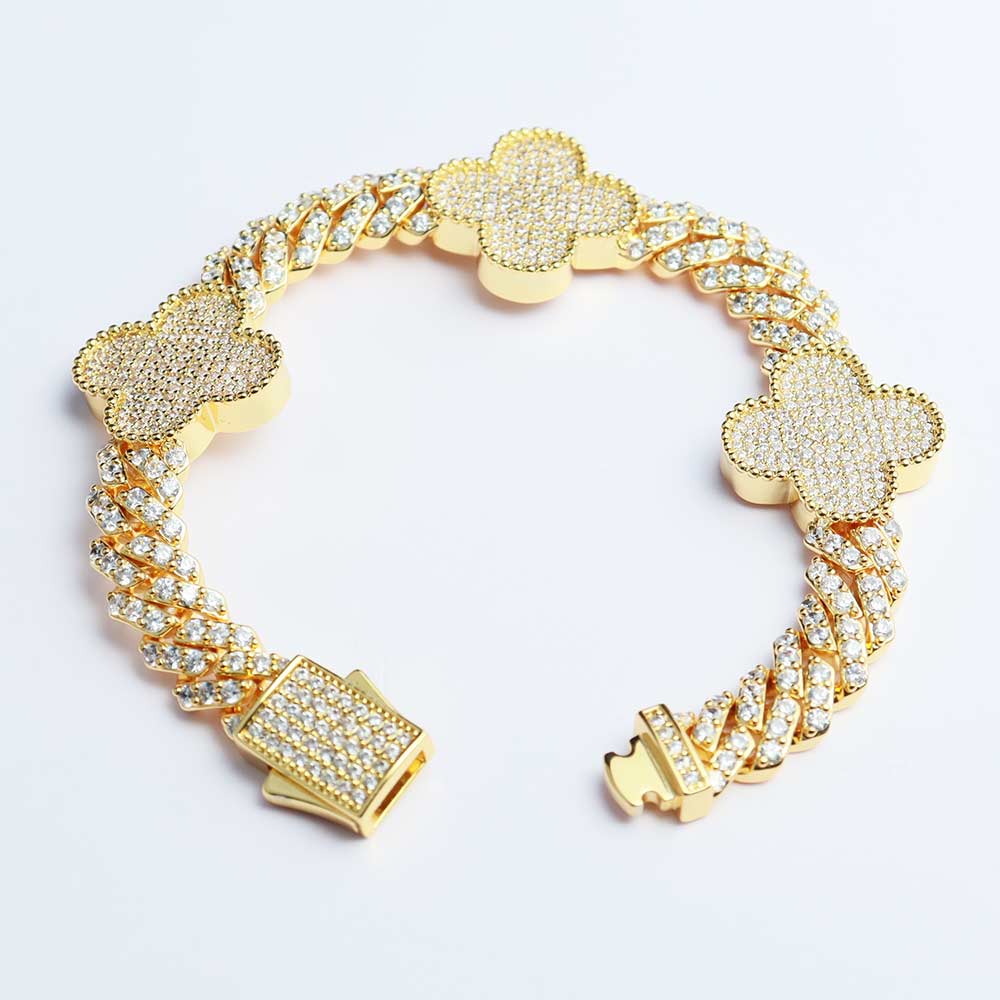 four leaf 8mm moissanite cuban link bracelet yellow gold 1