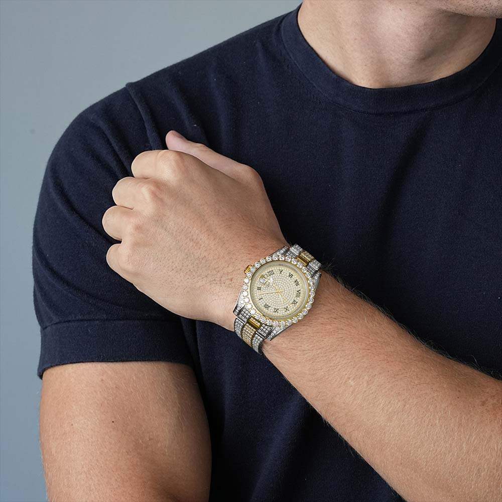 man wearing moissanite presidential watch two tone roman dial 4