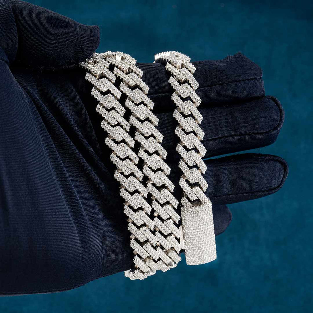 mens 12mm moissanite cuban link chain 14k white gold in hand
