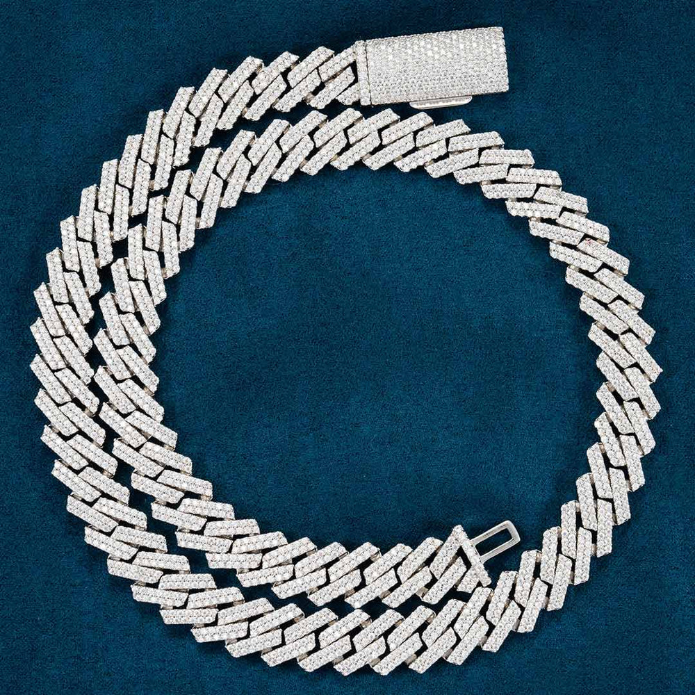 mens 12mm prong moissanite cuban link chain 14k white gold