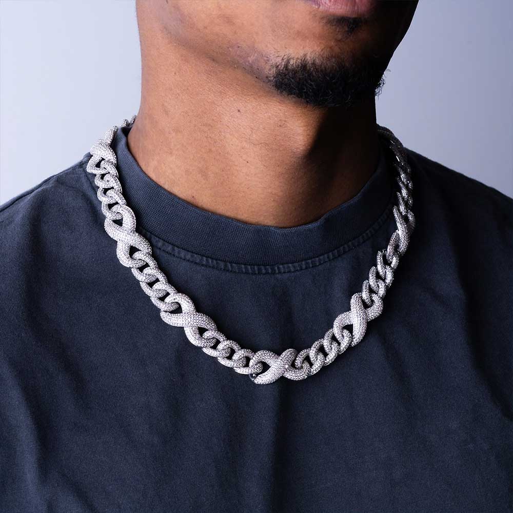 mens 20mm moissanite infinity link chain necklace 14k white gold