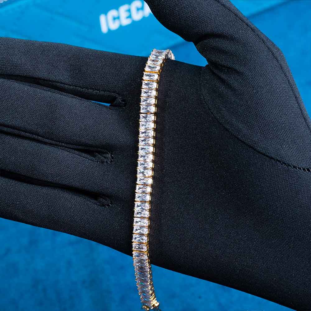 mens 8mm baguette tennis bracelet jewelry in hand