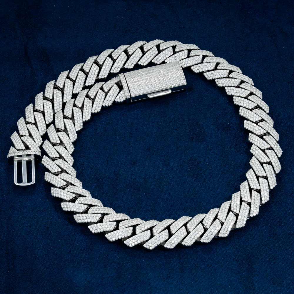 mens 925 silver 3 row moissanite 20mm cuban link chain 14k white gold big
